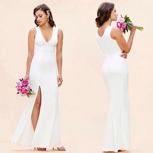 DRESS THE POPULATION Plunging V-Neck Thigh Slit Bridal Floor Length Crepe Gown